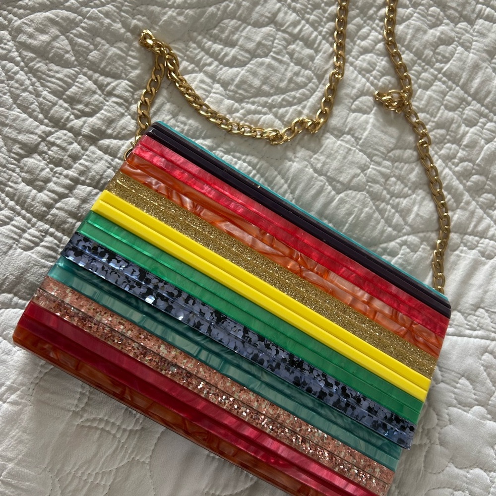 Kurt Geiger Rainbow 🌈 Striped Clutch with Gold Chain